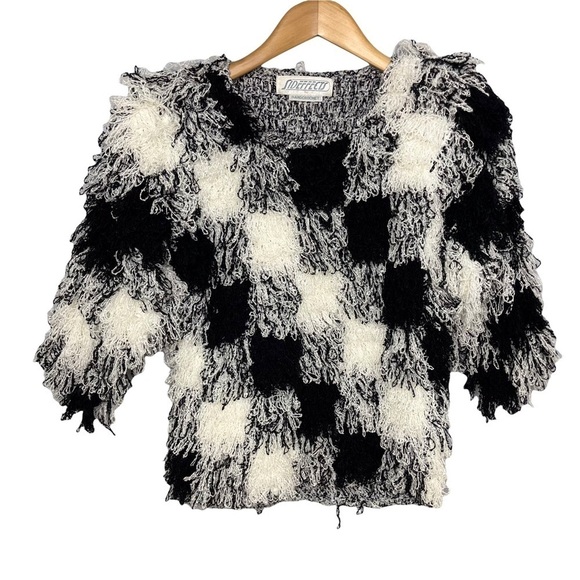 Sideffects Vintage Shaggy Sweater Hand Crocheted Checkered Pattern Vintage Small - Picture 1 of 7